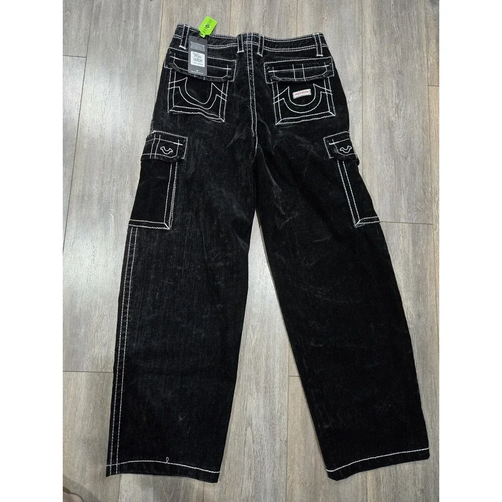 True Religion Baggy Belt Cargo Jeans Mens 32 Black Contrast Stitch NWT Wide Leg